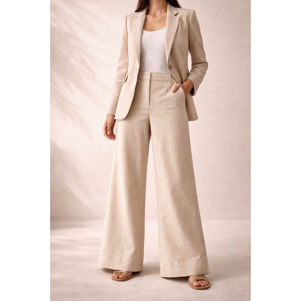 CHAPS Linen Wide Leg Pants Beige Lined Flat Front High Rise Size 6